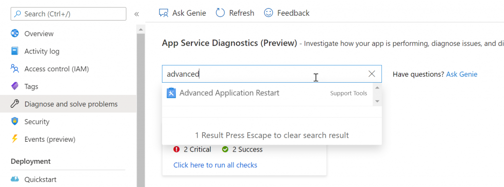 Advanced Application Restart in Azure Web App Diagnostic Tools